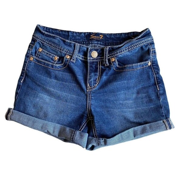 Seven7 Womens Medium Dark‎ Wash Rolled Up Jean Shorts Embroidered Logo Size 4 - Picture 1 of 7